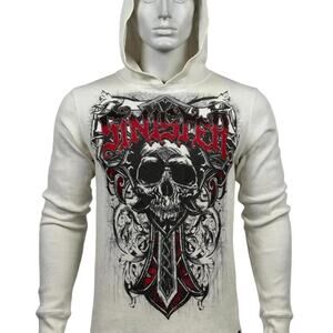 VTG Y2K Sinister Brand Skull Cross Waffle Thermal Hoodie Mens S Affliction
